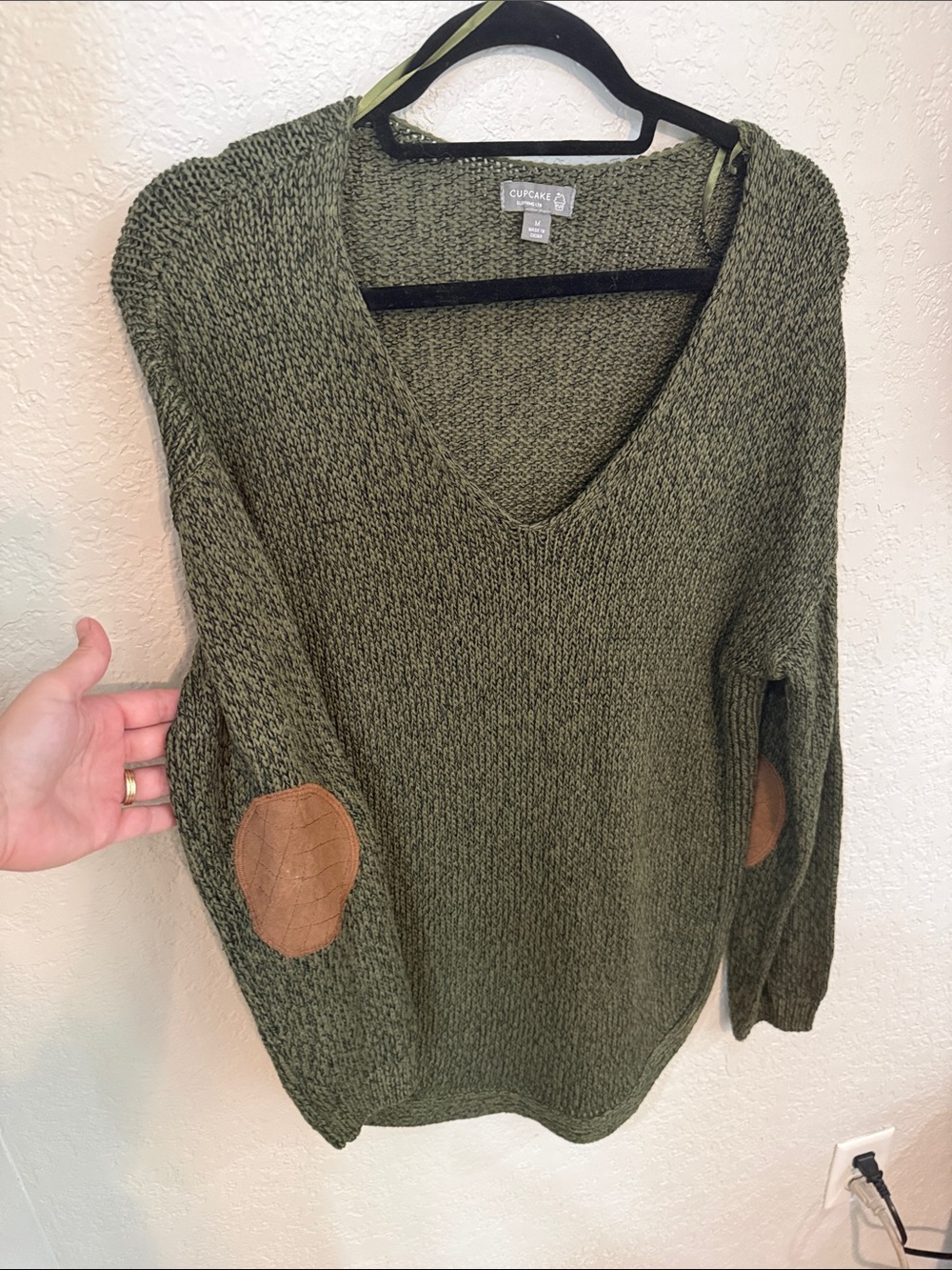 Olive V-Neck Sweater with Tan Elbow Patches